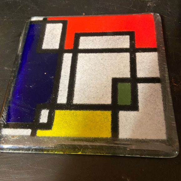 Mondrian Style Design Set of 2 Glass Wine Glass Colorblock Coasters 4" - Picture 3 of 3